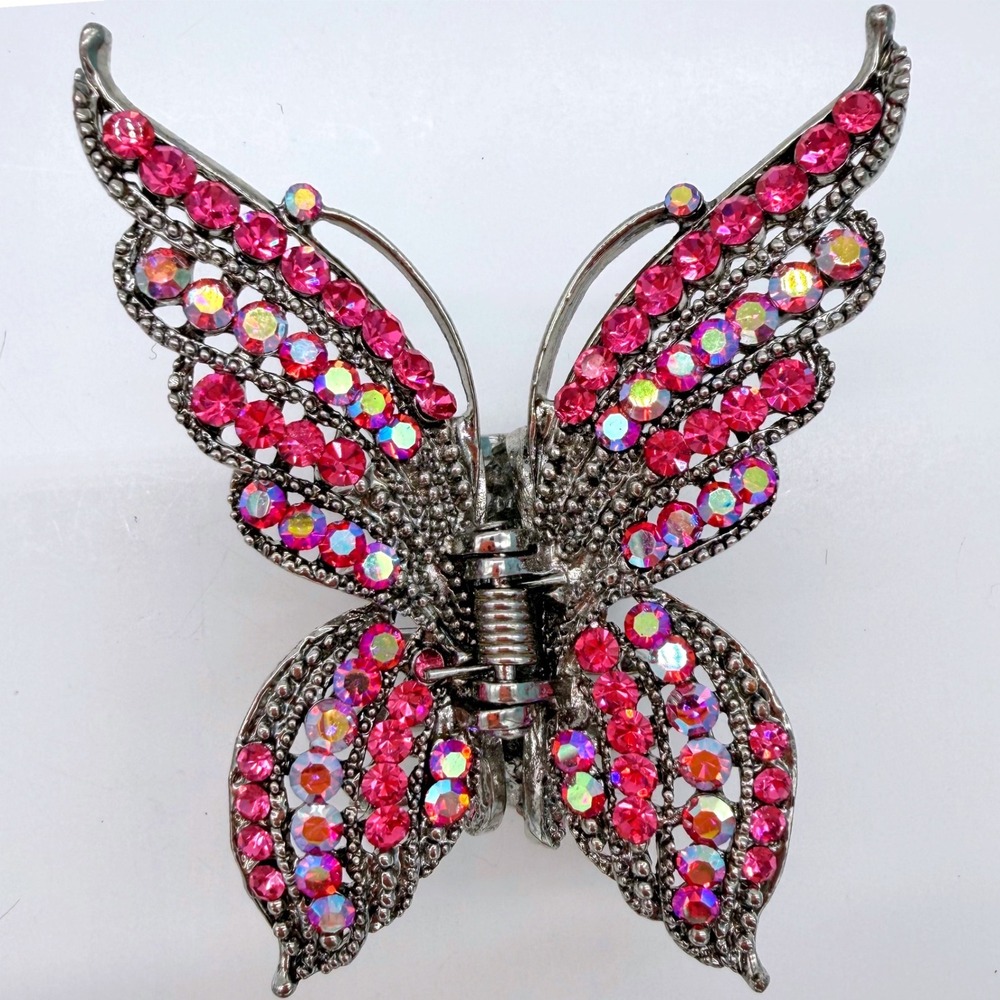 Vintage Butterfly Hair Claw Clip Pink AB Rhinestone Silver Tone Y2K